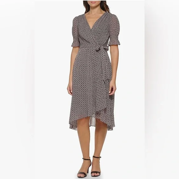 white christmas dresses Chiffon Floral Wrap Midi A Line Dress | A-Line Dress